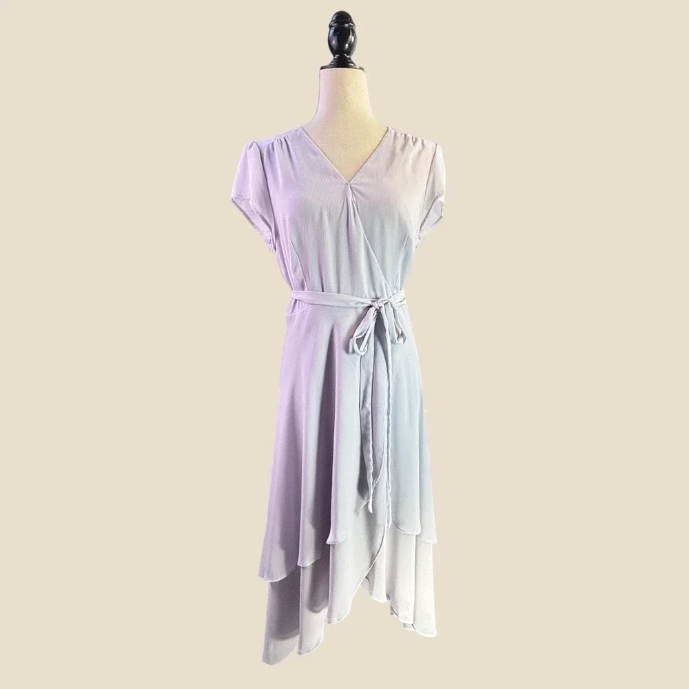 Romantic Wrap Midi Dress WAYF M Lavender Blue Crepe Cottage Soft Ethereal Fairy